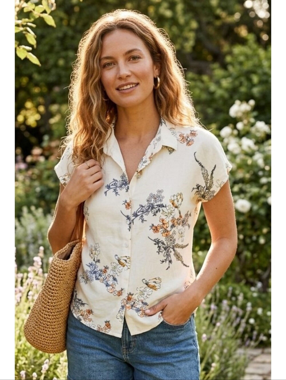 New Blue Floral Camp Shirt Cream Size S